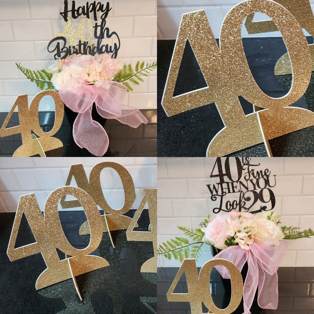40th Birthday 2 Small Floral Centerpieces and 3 Gold 40 Party Decor